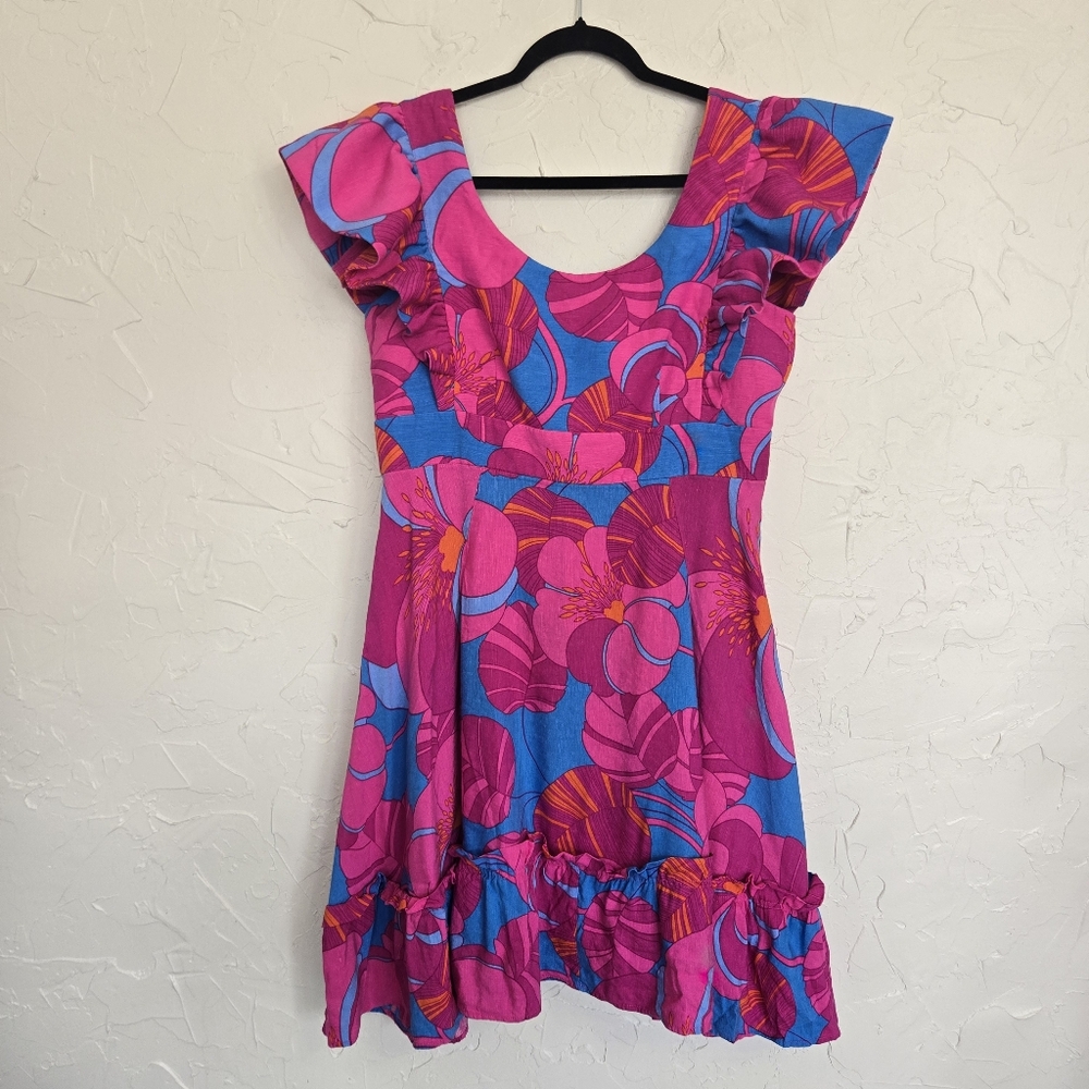 Tuckernuck Cameran Eubanks Linen Pink Blue Floral Wild Azalea Edisto Dress, L - Picture 2 of 11